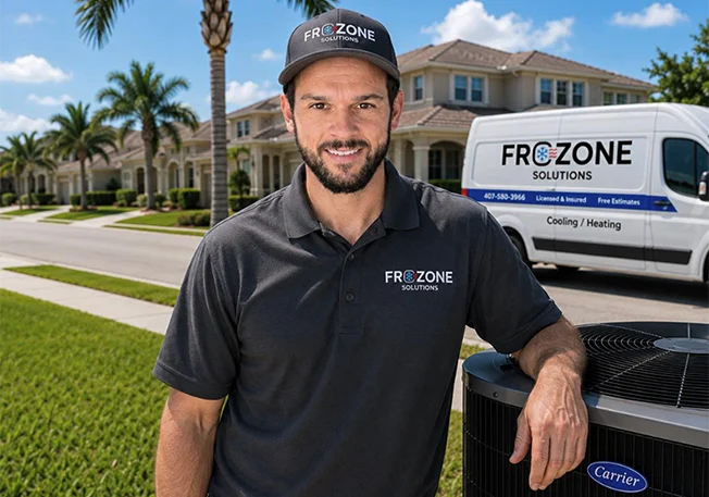 Frozone HVAC technician repairing AC unit at Orlando home