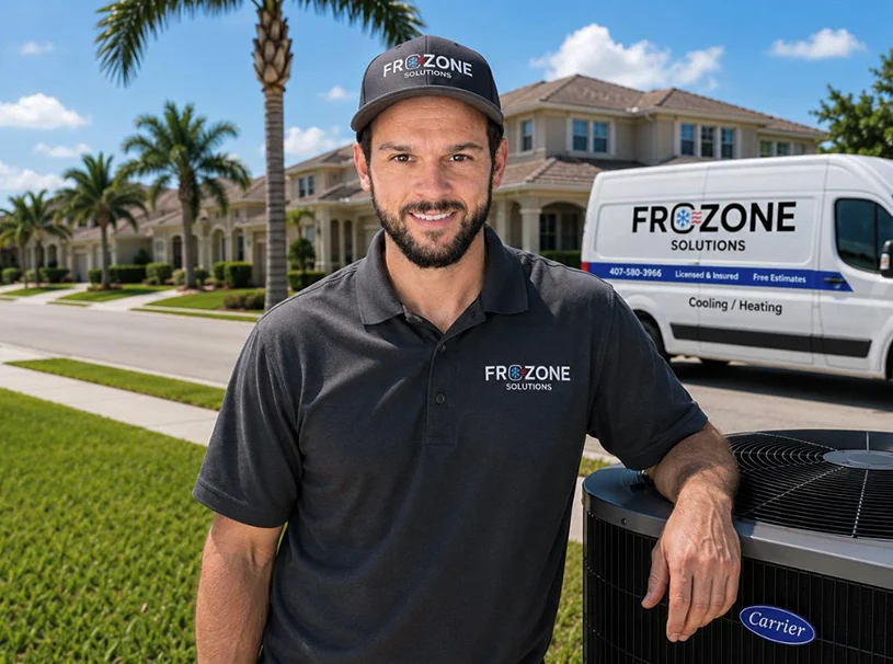 Frozone HVAC technician repairing AC unit at Orlando home