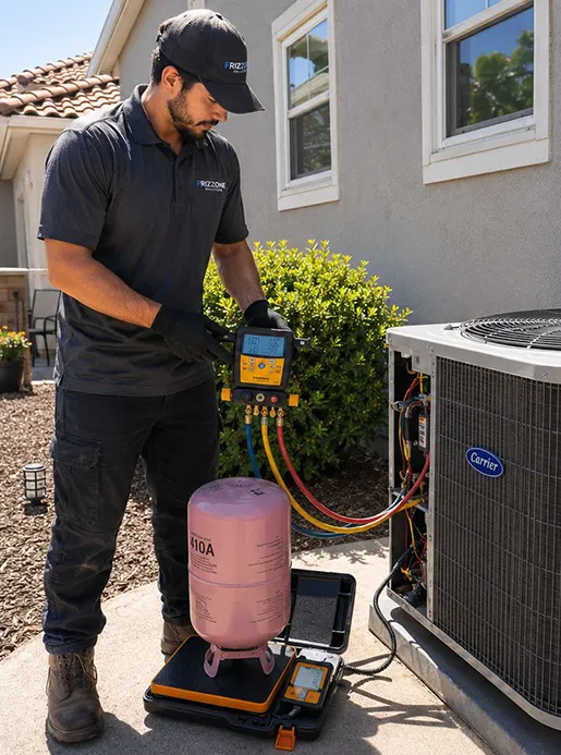 Frozone HVAC technician repairing AC unit at Orlando home
