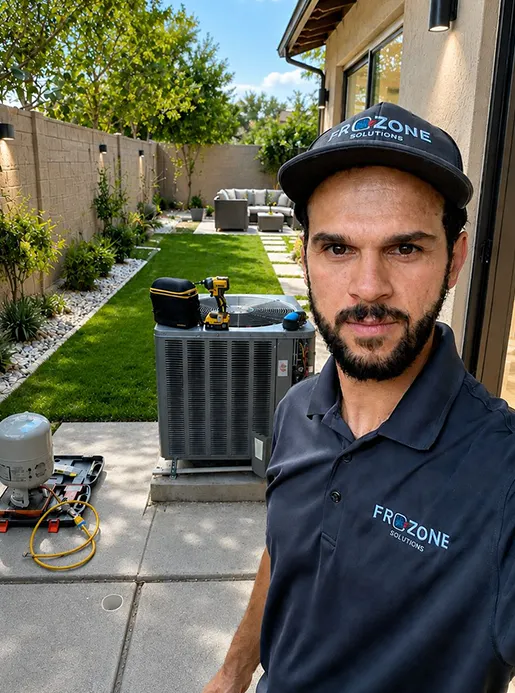 Frozone HVAC technician repairing AC unit at Orlando home